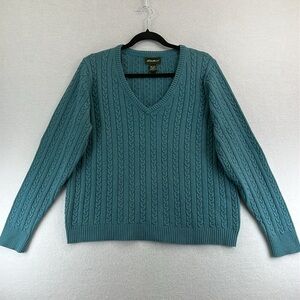 Eddie Bauer Pullover V-Neck Sweater Women’s Large Teal Cotton/Nylon/Angora Cable